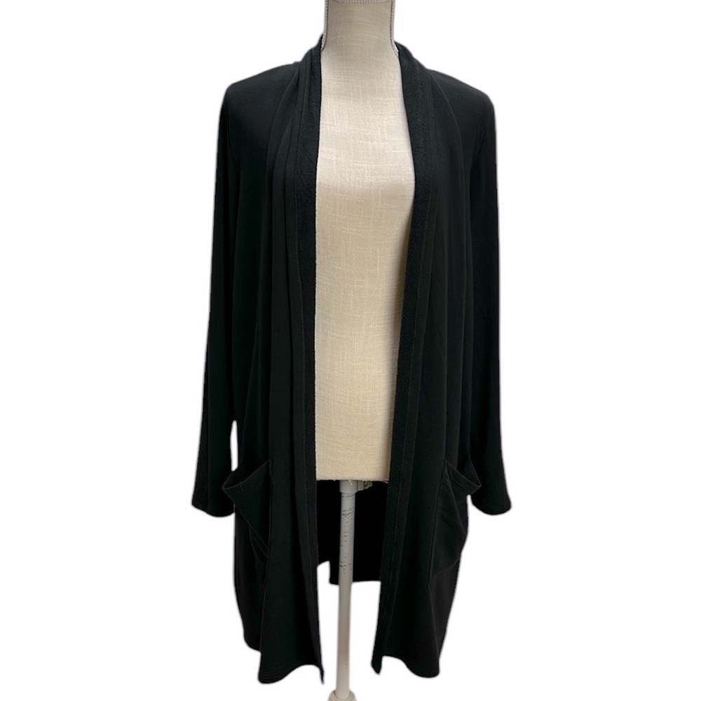 Susan Graver Weekend Black Long Line Open Cardigan Size Med Pockets Soft Lounge